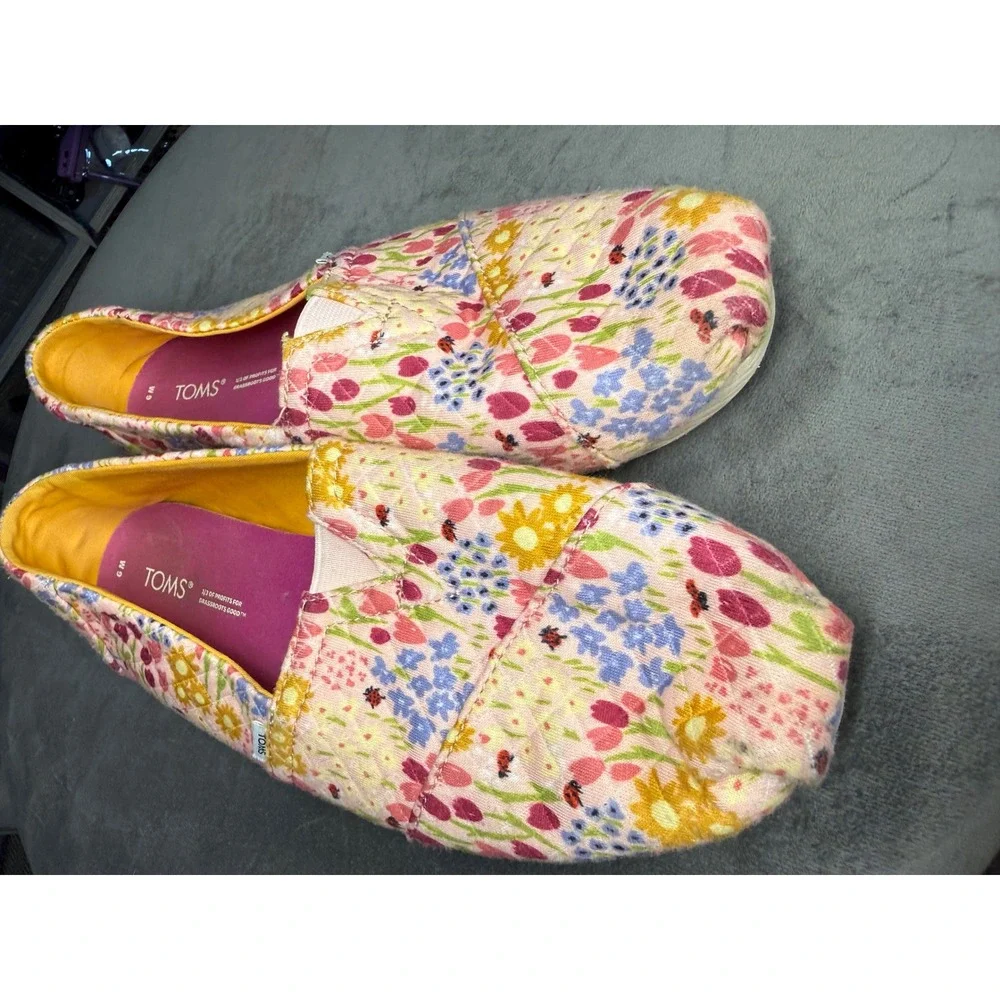 TOMS Alpargata Floral Ladybug Print Quilted Canvas Slip On‎ Shoes Womens 9 Pink